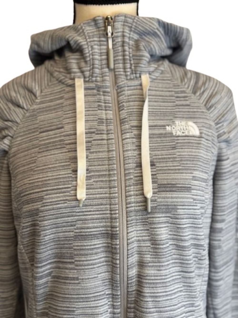 The North Face Mezzaluna Full Zip up Fleece Hoodie Jacket Gray Stria Women M - Picture 2 of 8